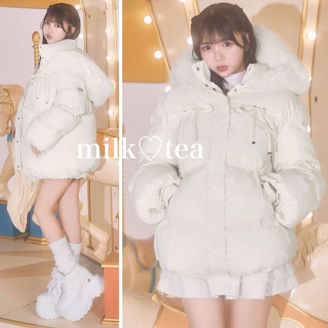 新品タグ付 ミシェルマカロン ファーフードリボンダウンコート ホワイト フリー 新品タグ付 ミシェルマカロン ファーフードリボンダウンコート