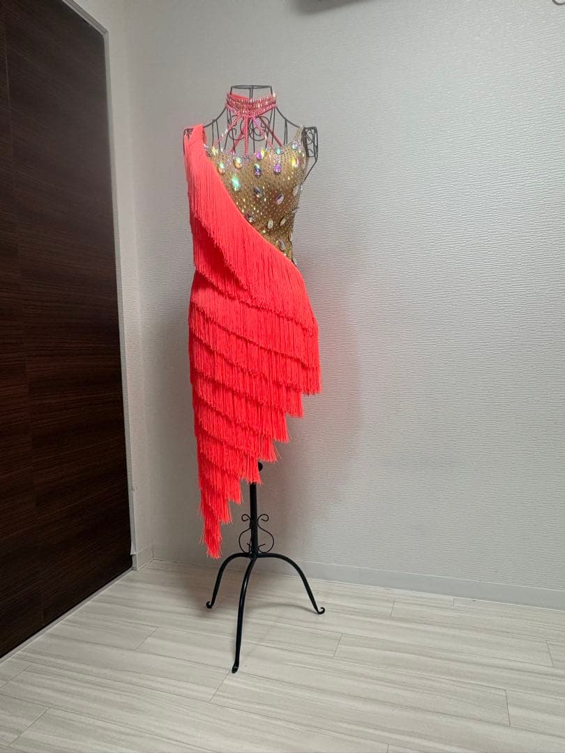 社交ダンスドレス フリンジ 蛍光オレンジ・コーラルピンクM〜ML