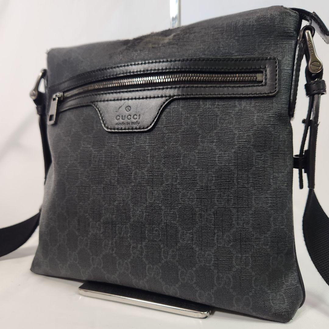 現行 グッチ GUCCI ショルダーバッグ GGスプリーム PVC レザー 黒