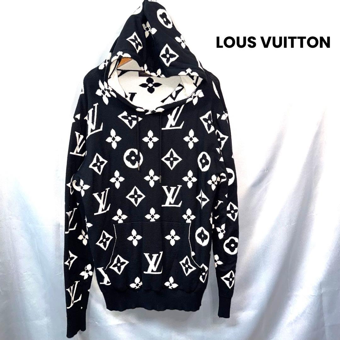 LOUS VUITTON ルイヴィトン　ニットパーカー　総柄　黒　ブラック