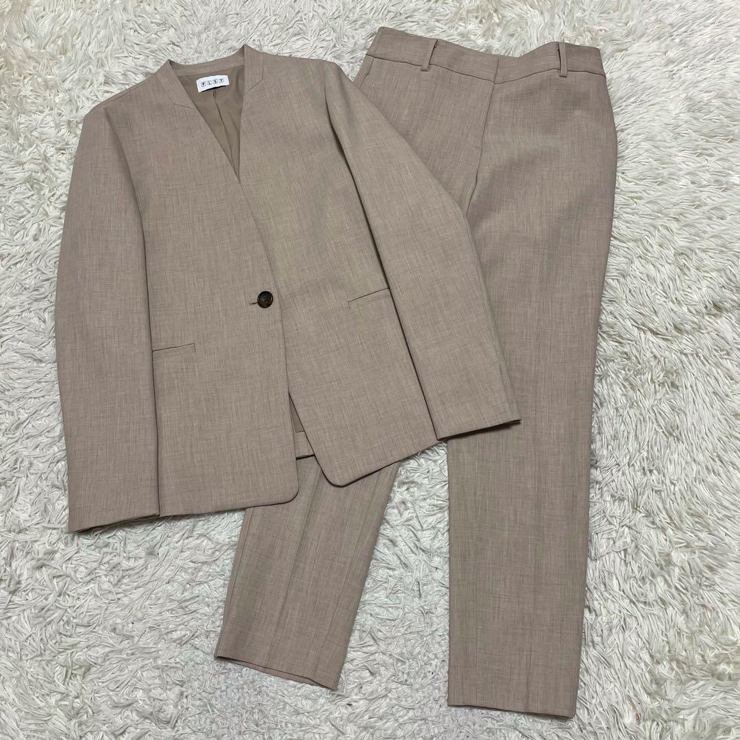 美品 PLST ノーカラー セットアップ スーツ ストレッチ ピンクベージュ