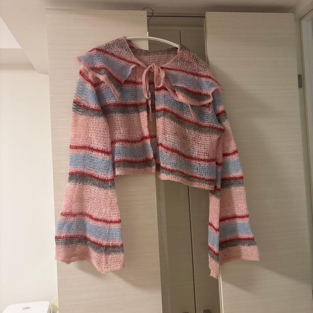 POPPY ピンクボーダーニットカーディガン