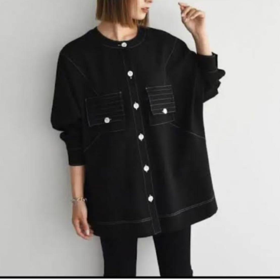 美品✨Cen. ノーカラーステッチブルゾン シャツ ブラック FREE