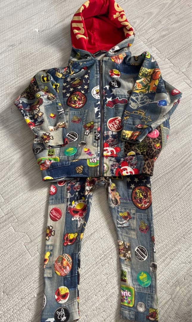 ヒスミニ　パッチワークデニム　スウェットパーカー　レギンス　セットアップ　セトア デニムビスチェxフレアパンツセットアップ(110~150cm)(110cm ネイビー