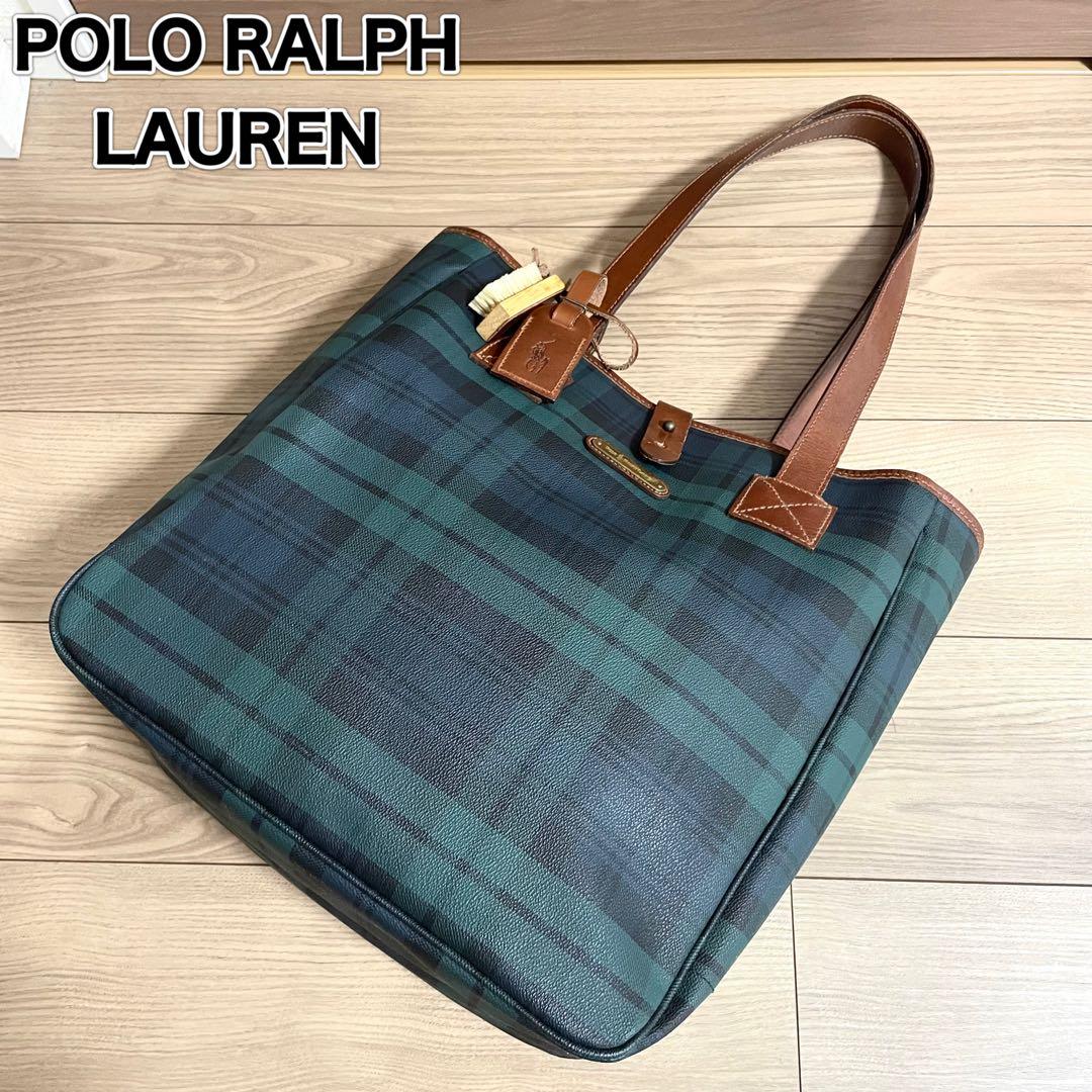 美品/ポロラルフローレン トートバッグ　ブラックウォッチ　ブラウン　PVCレザー