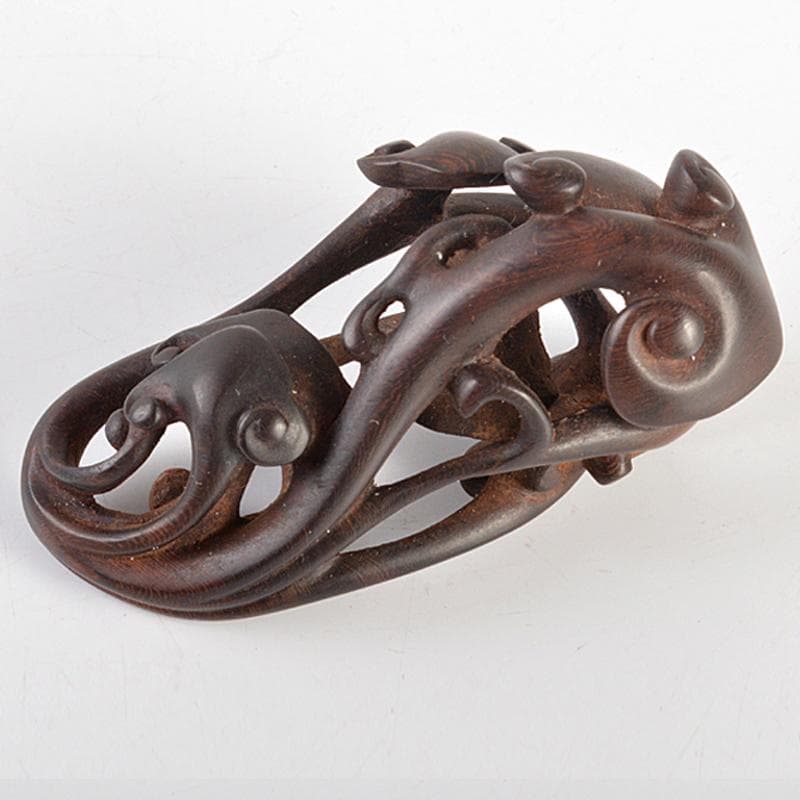 中国　唐木紫壇製　細密彫刻　霊芝　根付　置物　M　R6567E