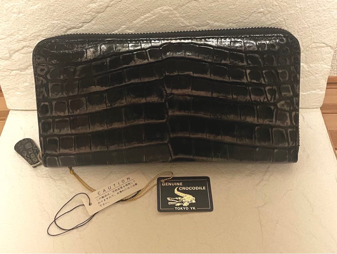 週末セールクロコダイル長財布 一枚革 黒シルバーメタリック染　TokyoYK製