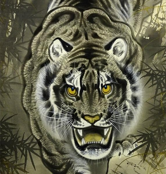 真作】掛軸 荒井宋石『猛虎図』絹本 真筆証明書付 共箱付 掛け軸