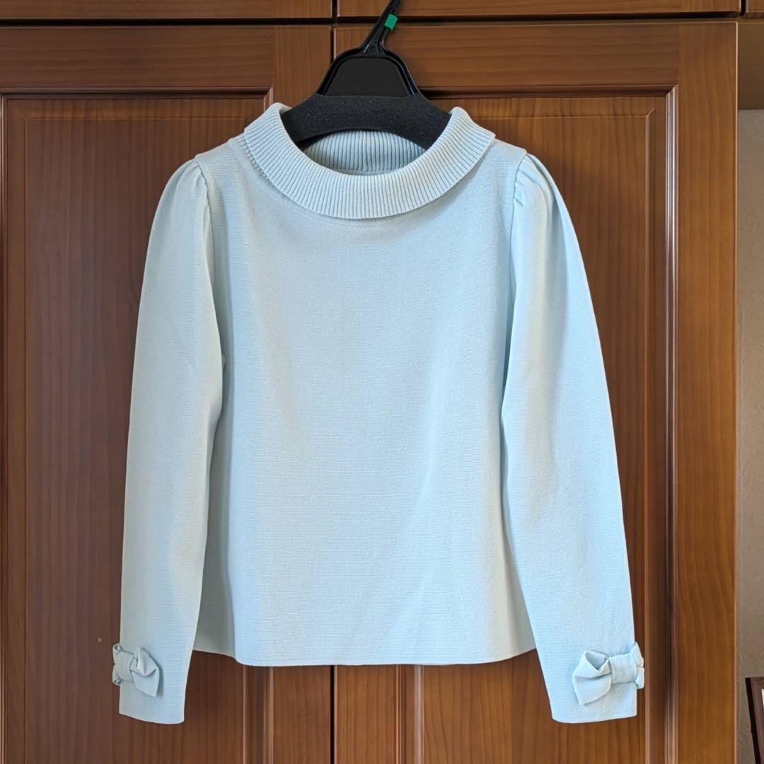 未着用♡エムズグレイシー ロールカラーニット 38 ブルー系 日本製 春 リボン