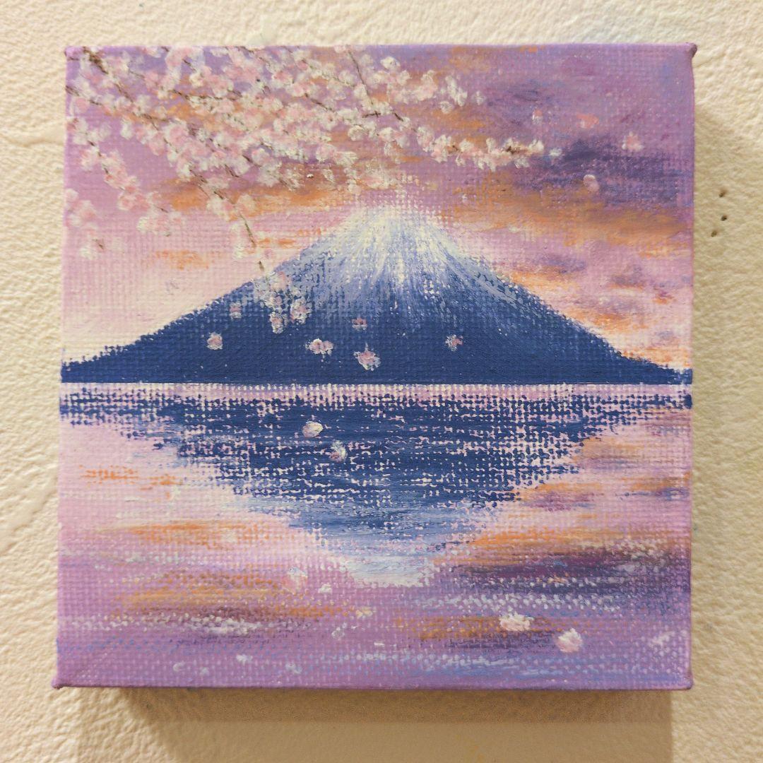 原画：10×10cm】 桜舞う湖畔と山 オイルパステル画 キャンバス画
