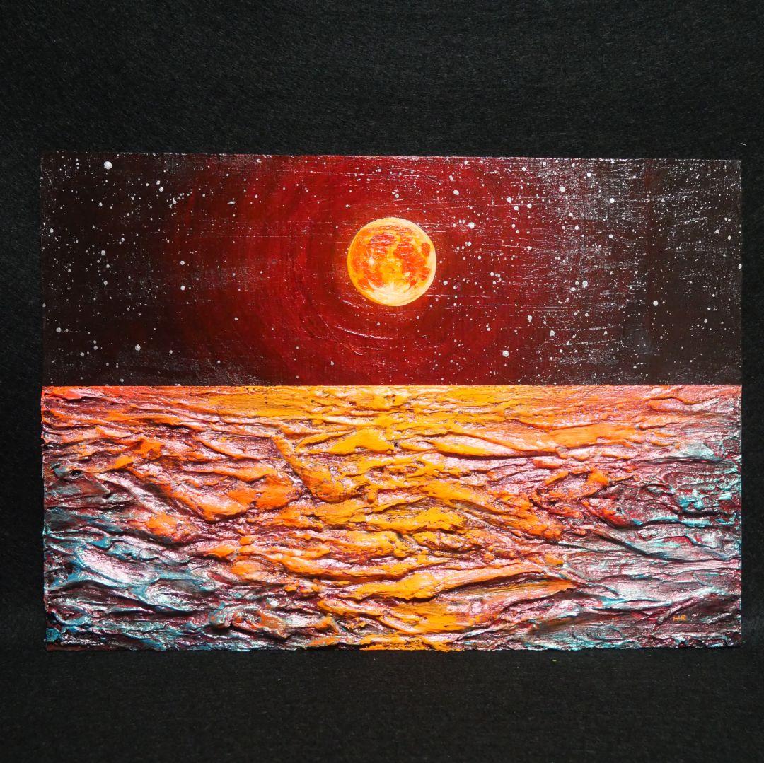 油絵 油彩 油彩画 絵 絵画 【オレンジ色の満月と輝く海】 - メルカリ