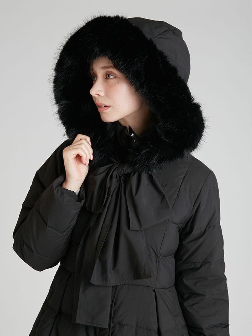 完売品 新品未使用 セルフォード フードリボンロングダウンコート BLK