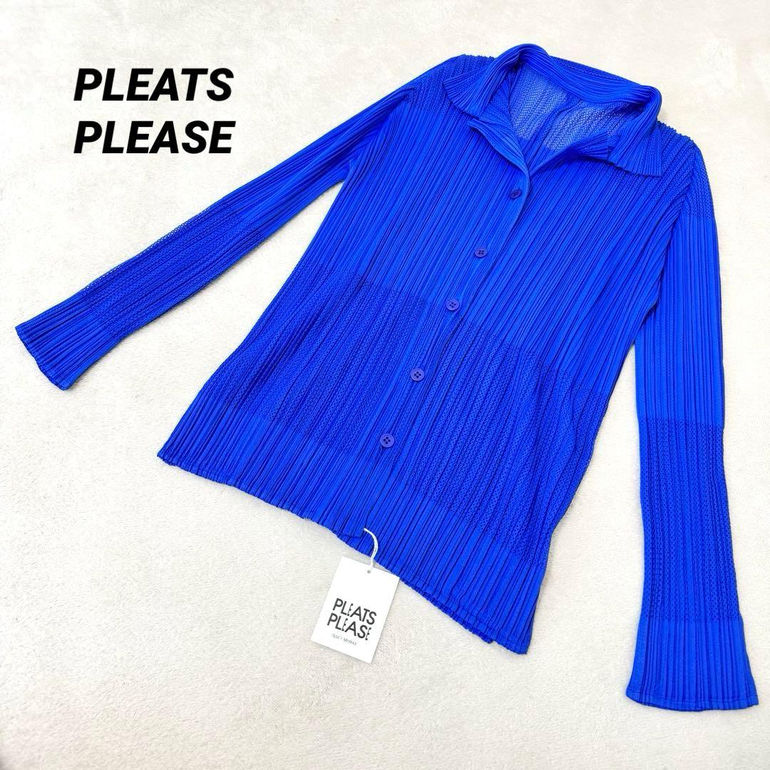 極美品✨PLEATS PLEASE プリーツ　メッシュ　ブルー　長袖　ブラウス