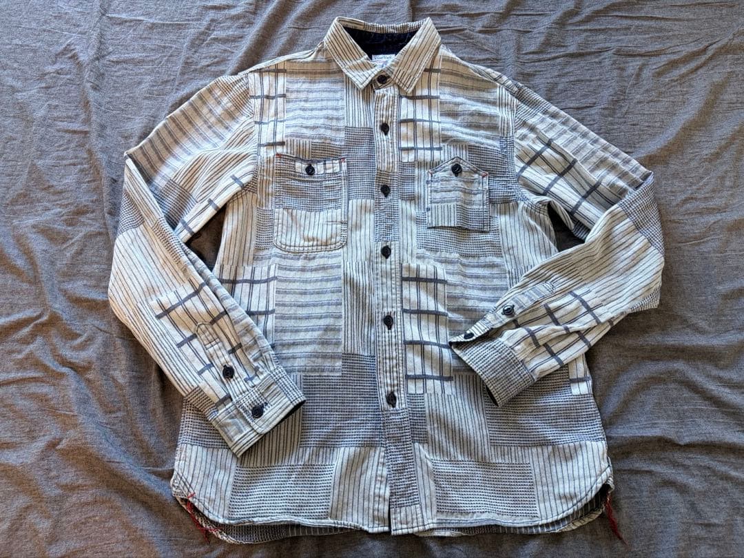 【試着のみ】BLUE TRICK 刺子パッチ ワークシャツ 白 サイズ5 XL