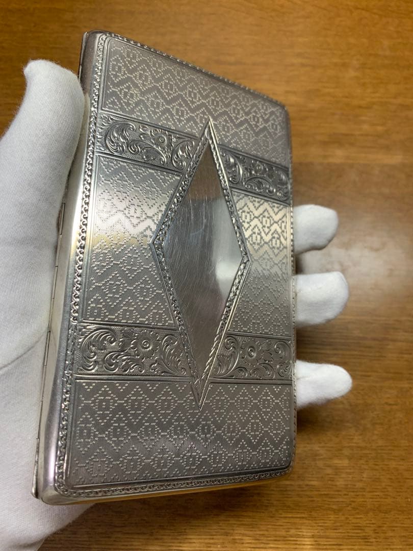 大野銀器製 純銀煙草ケース プラチナ装飾 木箱付