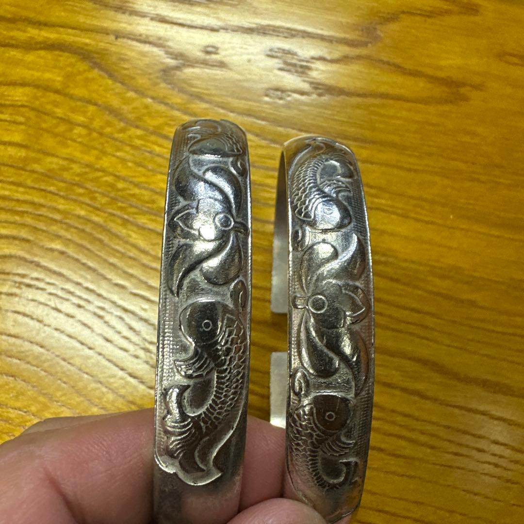 アクセサリー 銀 シルバーバングル 魚と花の彫刻 アクセサリー 銀 シルバーバングル 魚と花の彫刻