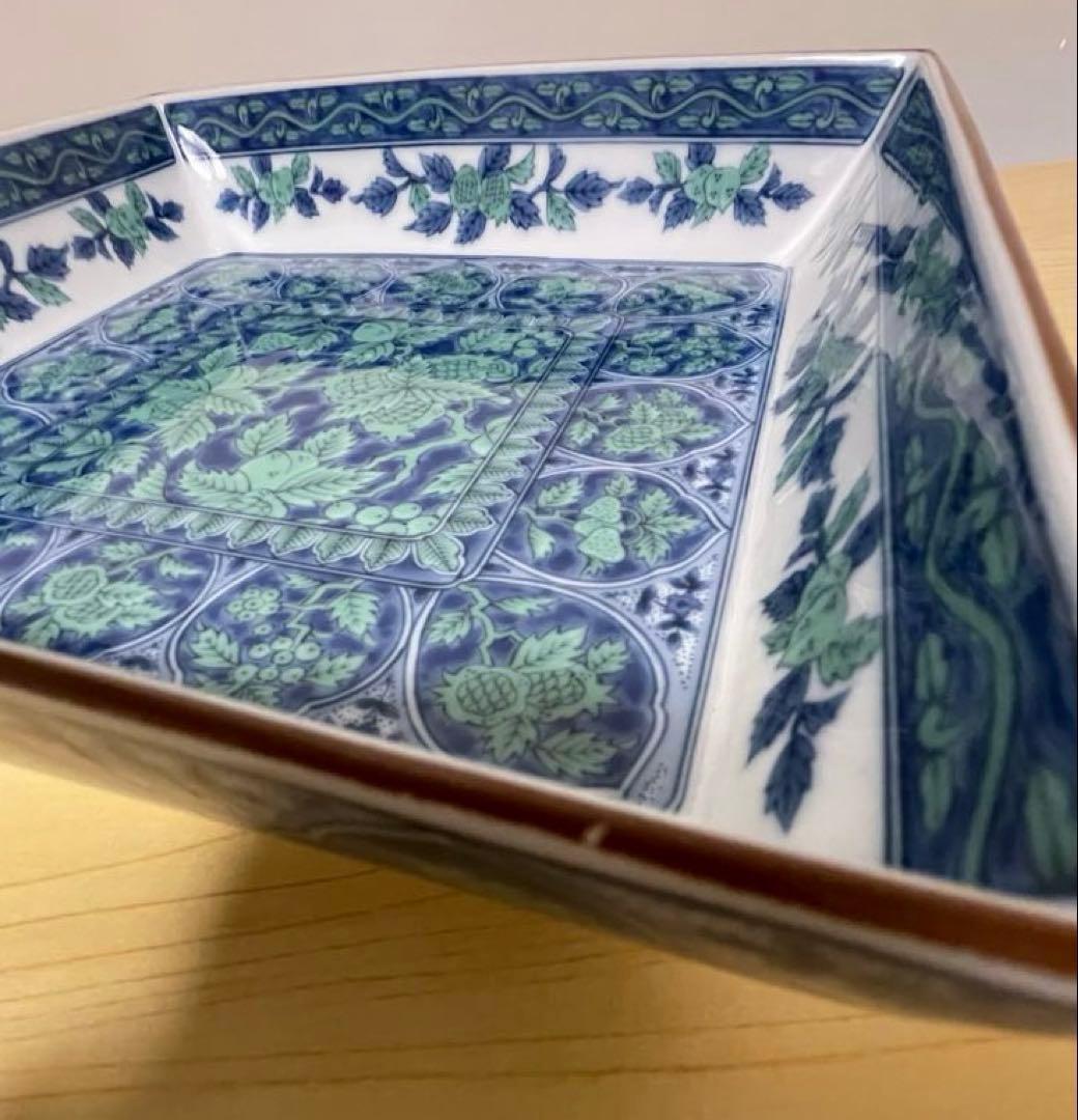 美濃焼✋✋前畑陶器 庫山窯 青華緑彩の大鉢✨角皿❏角盛鉢 ❐大皿