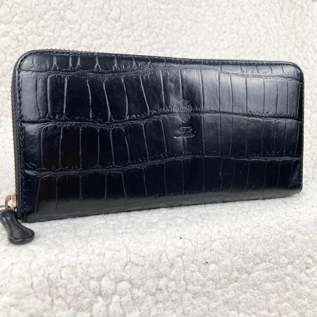 美品 フェリージ 長財布 クロコ型押 ラウンドジップ 黒 125 イタリア製 美品 フェリージ 長財布 クロコ型押 ラウンドジップ 黒 125 イタリア製