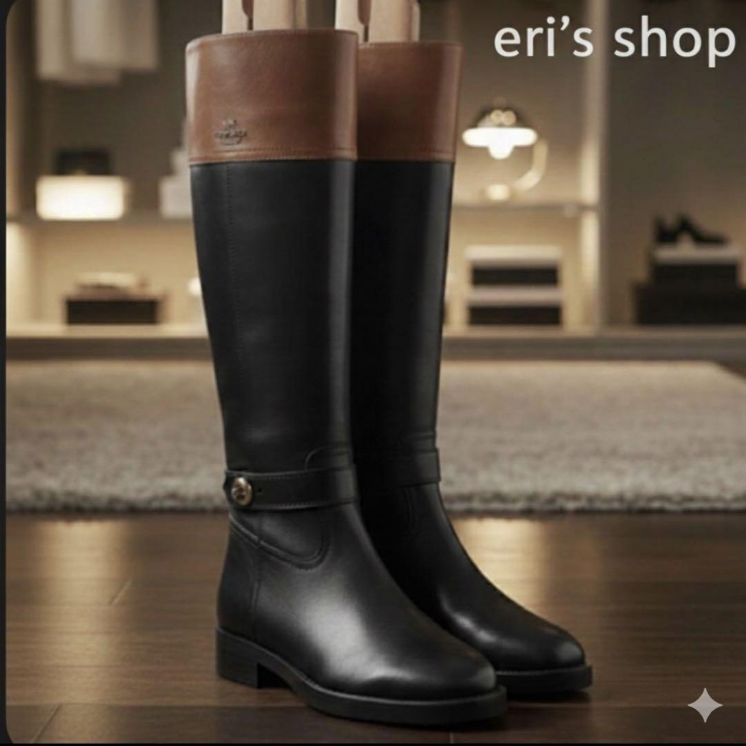 極美品 コーチ 36 23 レザー ロングブーツ ターンロック バイカラー