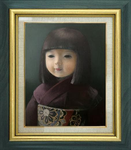 ❤️新作 油絵菅家令子絵画インテリア額(青緑＋金色枠)F6-010426市松