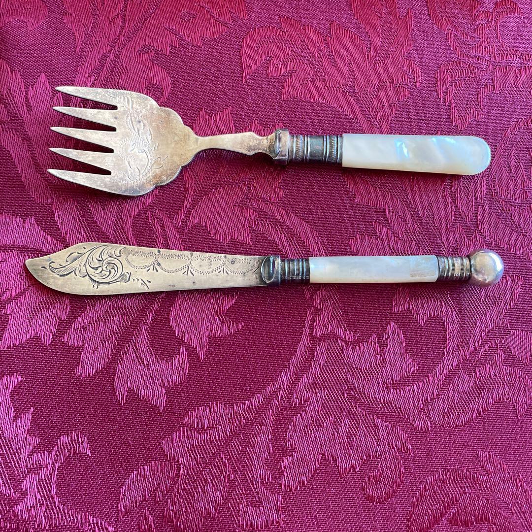 英国アンティーク 銀ナイフ＆フォーク マザーオブパール ERNS刻印
