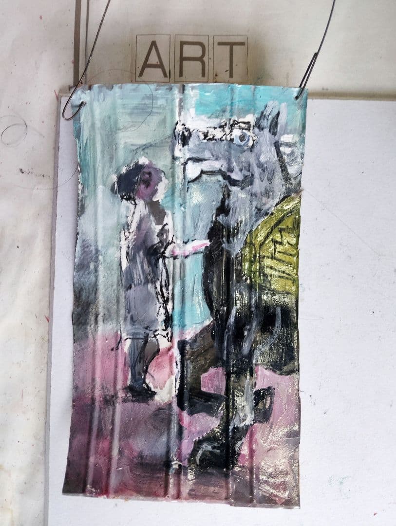 抽象的な油彩画 子供と馬