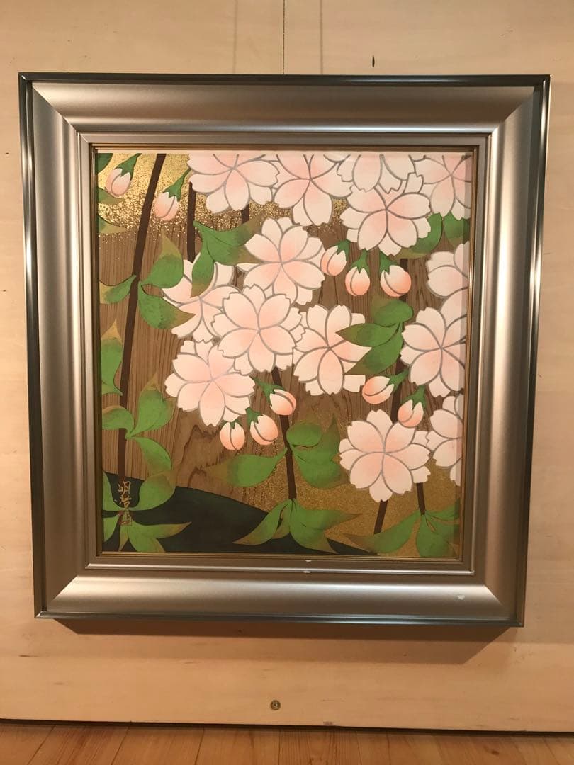 橋本明治　「杉戸絵・桜」　木版画　刷り込みサイン・作品証明シール有り 橋本明治 杉戸絵「桜」 木版画 絵画 中古