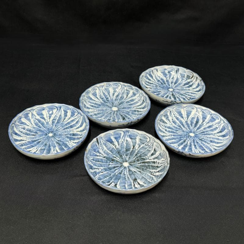 古伊万里 染付 花連文 手塩皿 ③ 5枚組 無傷 完品 江戸期 小皿 豆皿