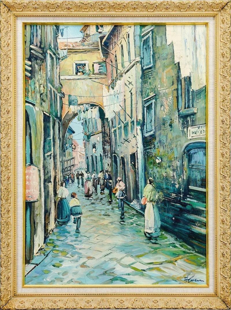 サイン有り　油彩画　１５号　大作　ナポリの下町風景「群衆と街角」
