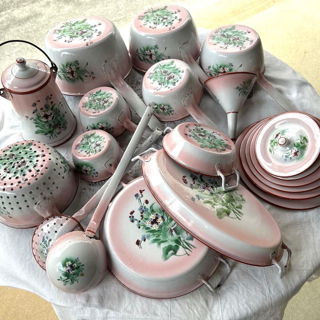 フランスアンティーク japy 忘れな草のホーローウェディングセット