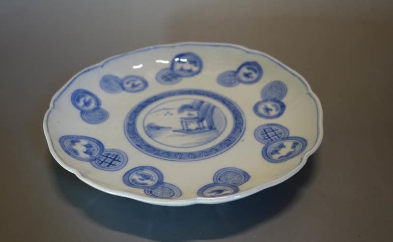 古伊万里 染付　丸文散中皿　3枚　楼閣山水図　渦福　輪花　 江戸後期 2253 古伊万里 染付 楼閣山水図 漢詩 木瓜型 皿 5客セット - 生活骨董と古布