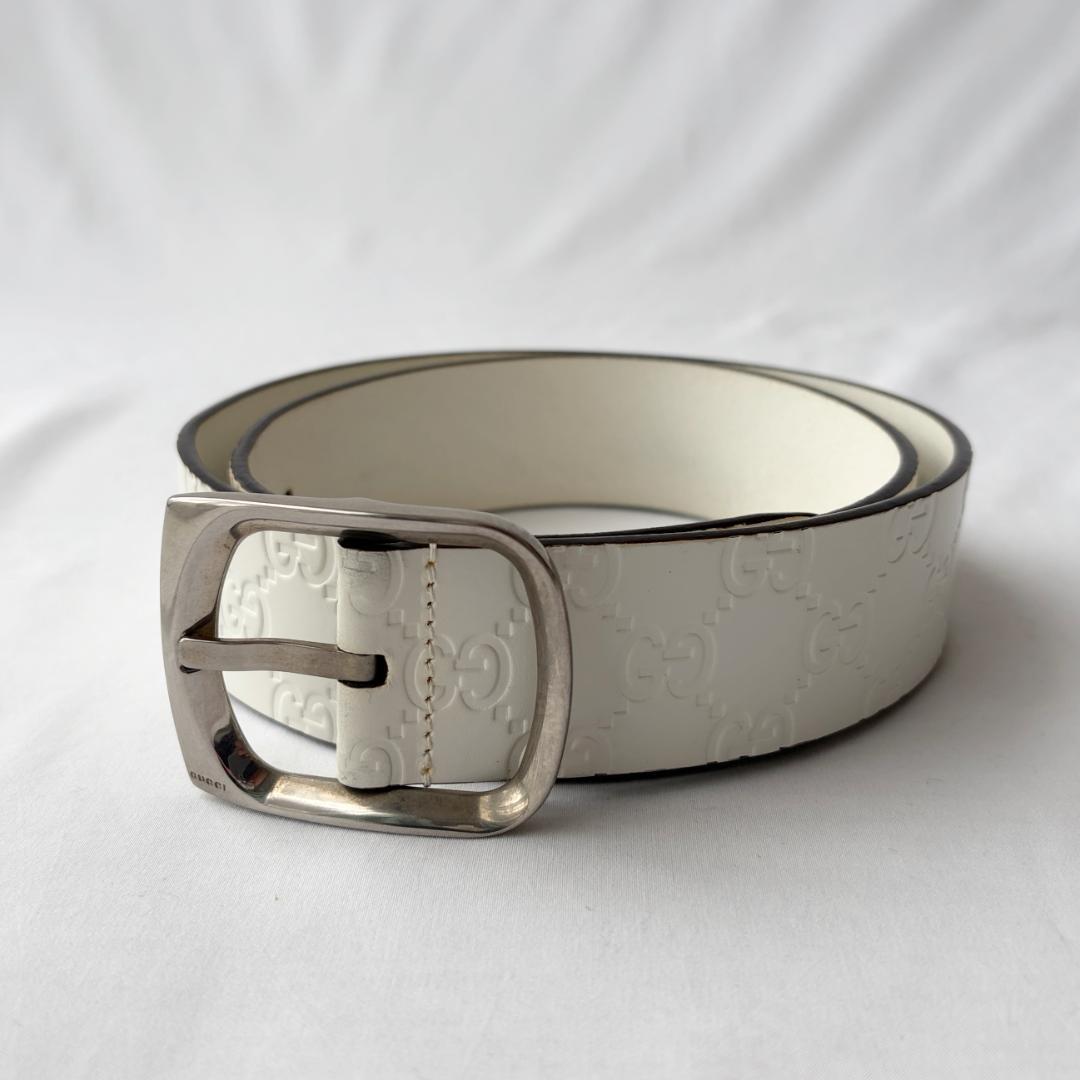 良品 GUCCI グッチ シマ レザーベルト 型押し ホワイト 80-85 GUCCI（グッチ） ベルト メンズ 473030 CWCWN 1070 GG シグネチャー