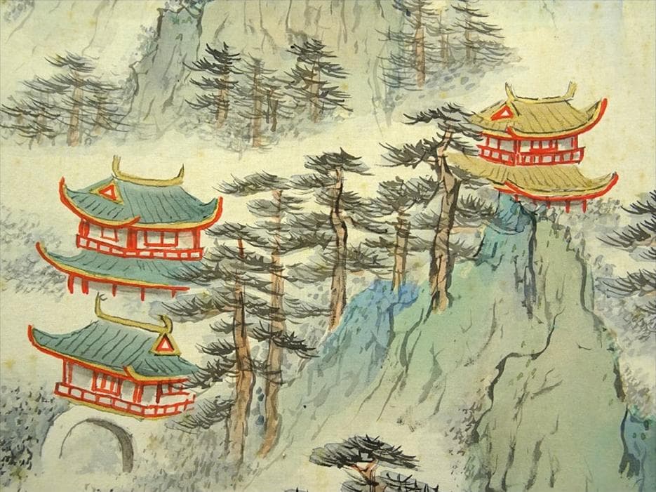 掛軸 横山春渓『蓬莱仙境図』蓬莱山水 絹本 共箱二重箱付 掛け軸