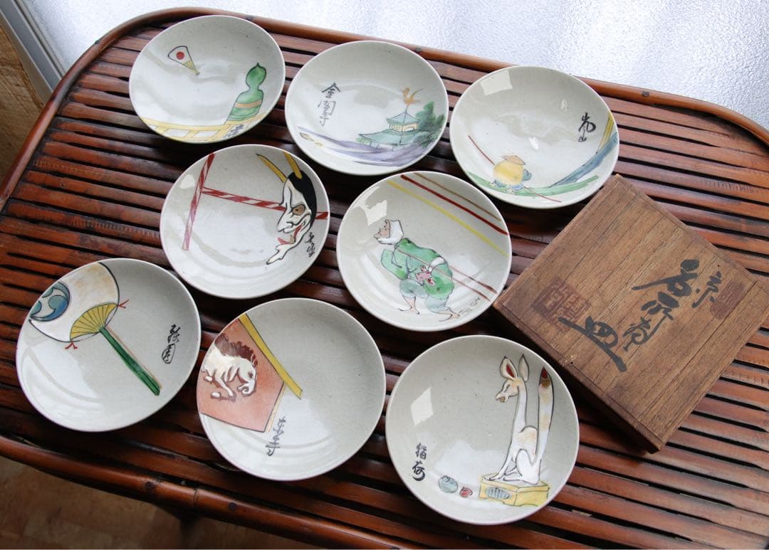 陶芸　清水焼　京都名所絵皿　８枚　木箱付　11.8cm