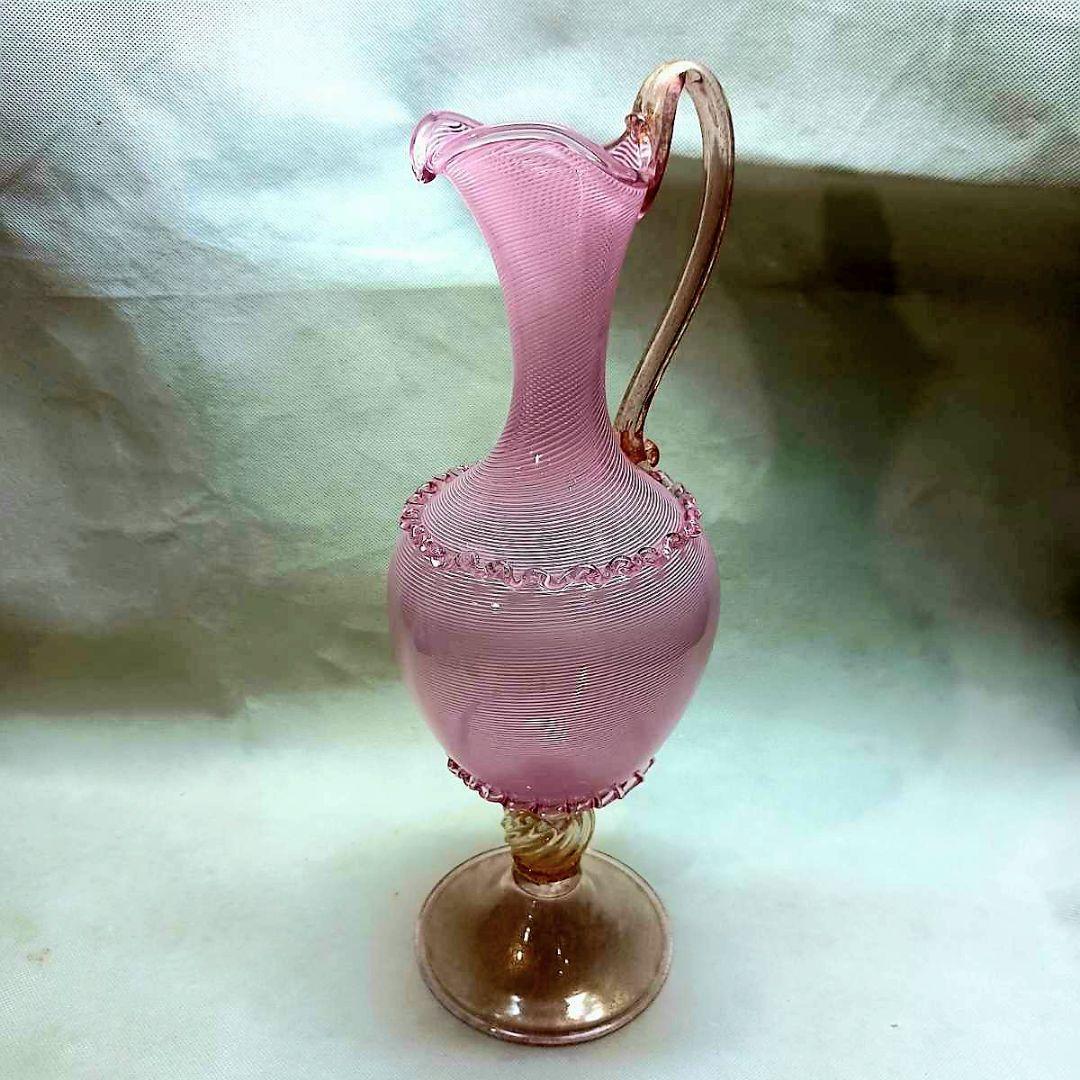 Murano 大型 ムラノ 金彩 ピンク ライン 水差し オブジェ