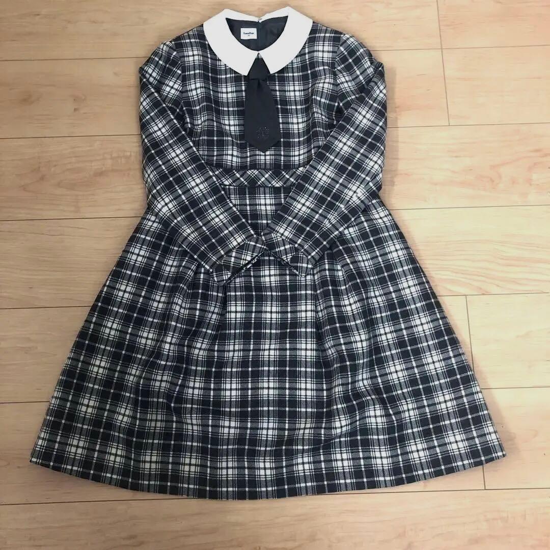familiar ファミリア 白襟 長袖 チェック ワンピース ネクタイ付き