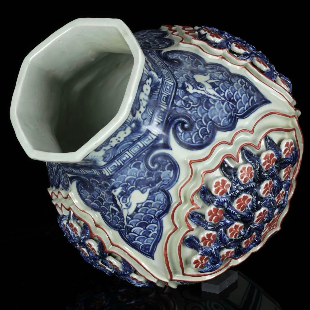 壺 中国古玩 青花釉裏紅透彫花弁麒麟紋壺 唐物 飾壺 花瓶 時代物 古