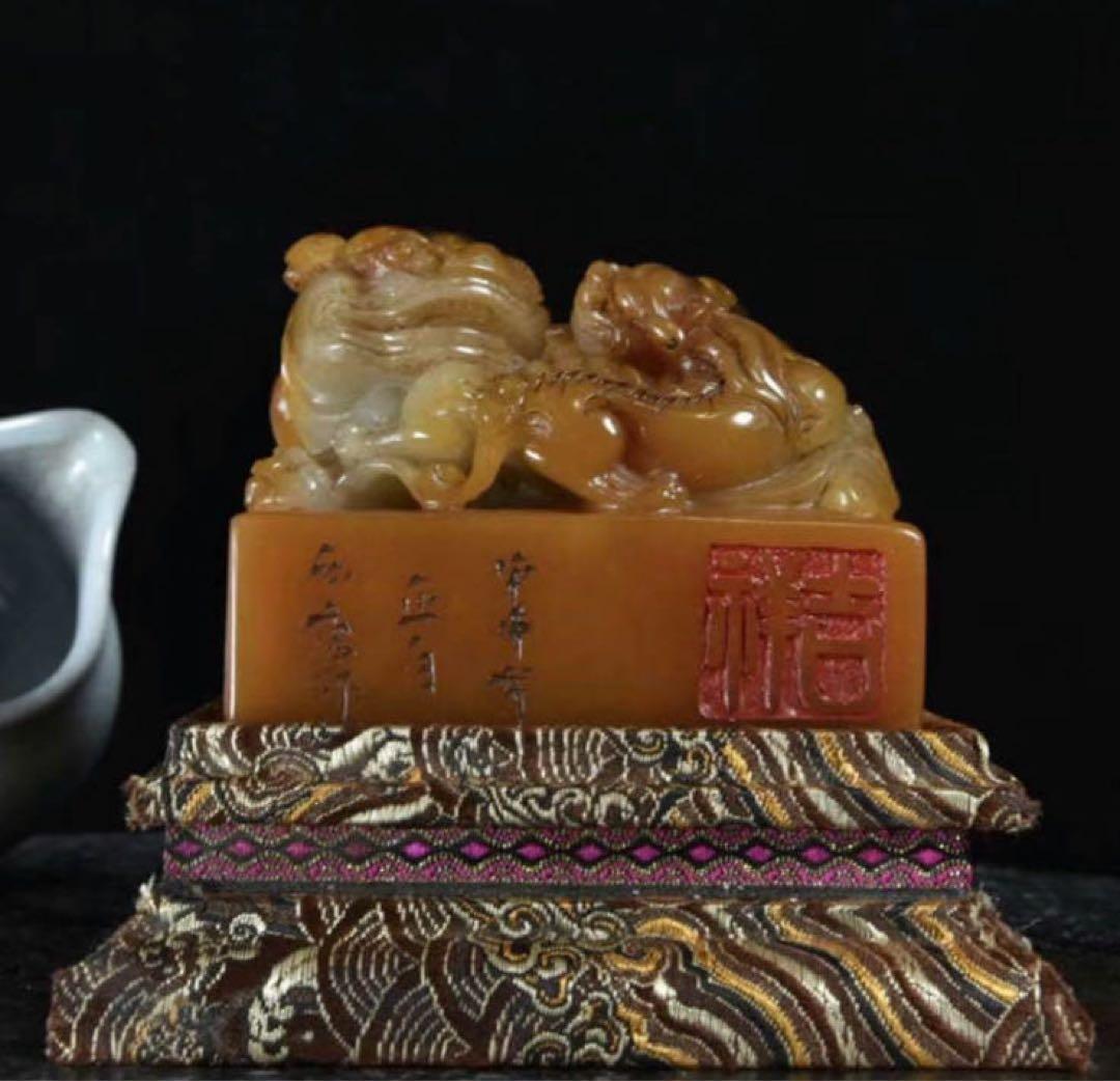 中国古美術・極品寿山石・極細工彫刻古印・瑞獣呈祥・風水開運財運UP・鎮宅・古印鑑 寿山石細密彫刻『吉祥龍亀急須』 - 国内外の優れた伝統工芸品・美術