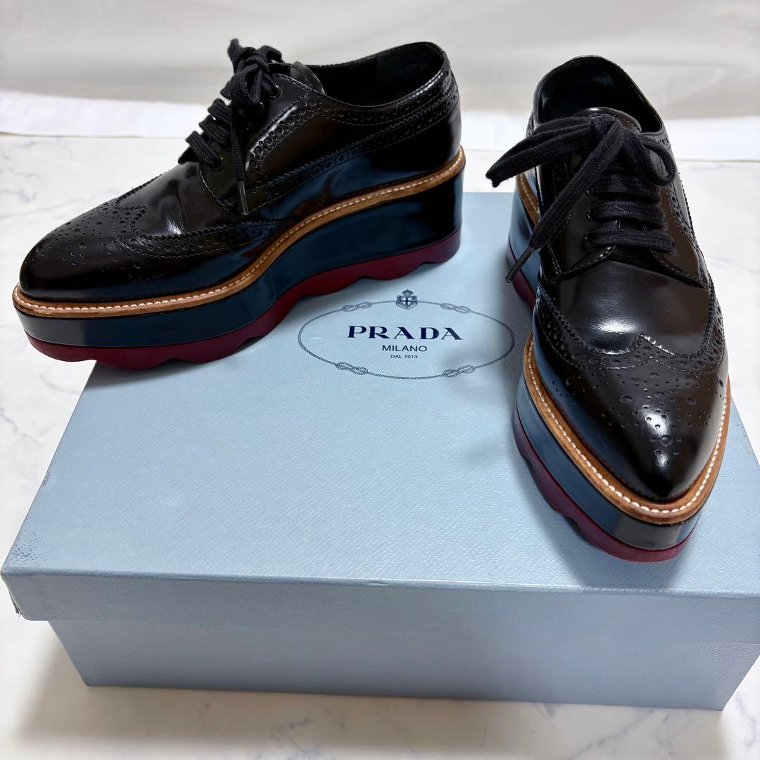 美品 PRADA 厚底ウイングチップ 黒 36 レザー プラットフォーム プラダ PRADA 17SS コレクション メッシュ×レザー ウイングチップ
