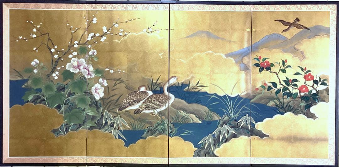 四つ折り屏風　日本画　金箔彩色　『鴨に梅・芙蓉』