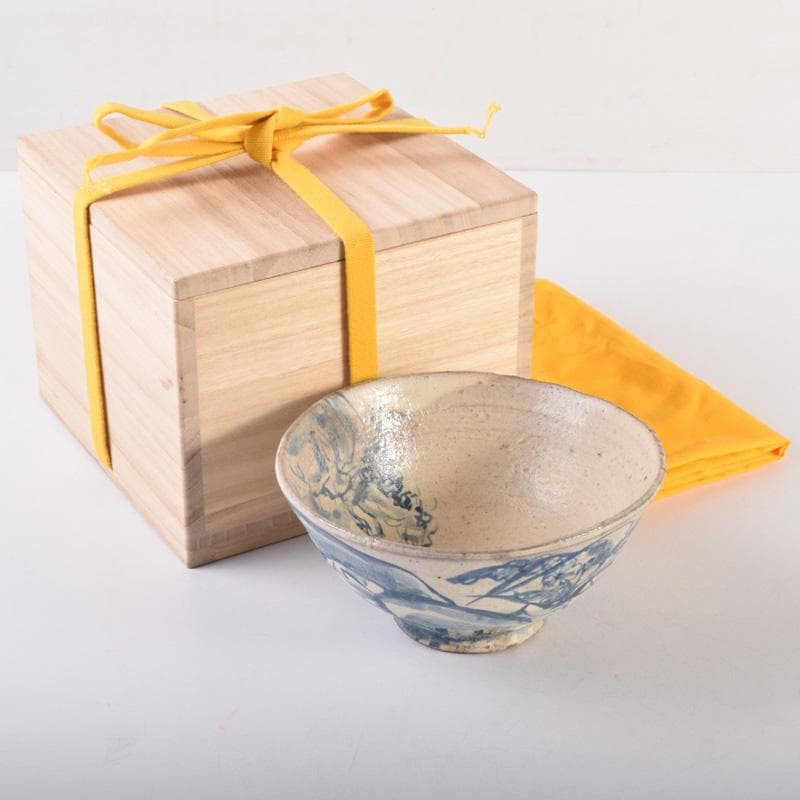 染付　花草山水人物文碗　茶碗　時代箱付　V　7193