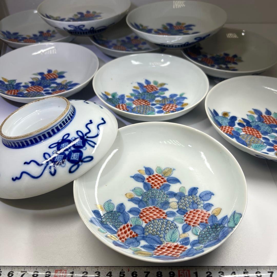 江戸後期〜明治初期　色鍋島中皿10枚　木箱付　直径約15㎝東Y7-0723⭐︎2F