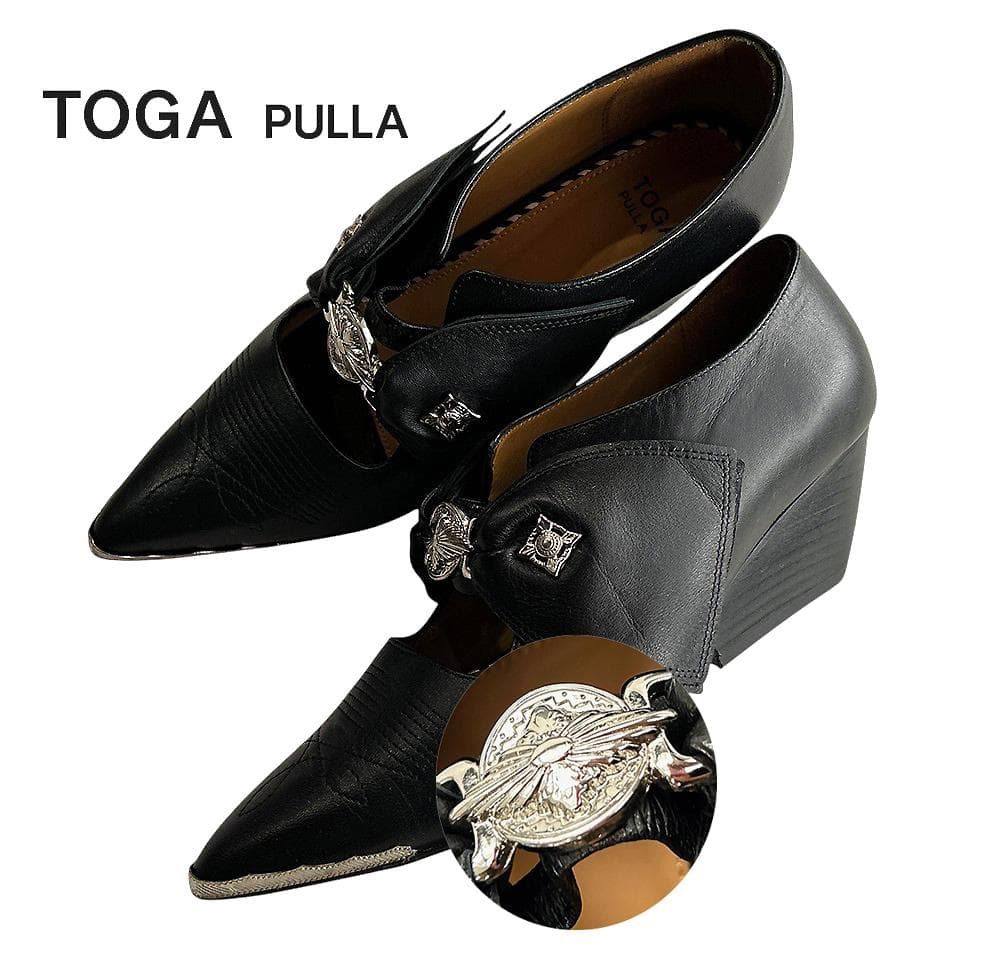 極美品トーガプルラ 本革レザー ポインテッドトゥ ウエッジソールパンプス黒37 ポインテッドトゥ Vカットデザイン ローヒール[品番：HSYS0001198