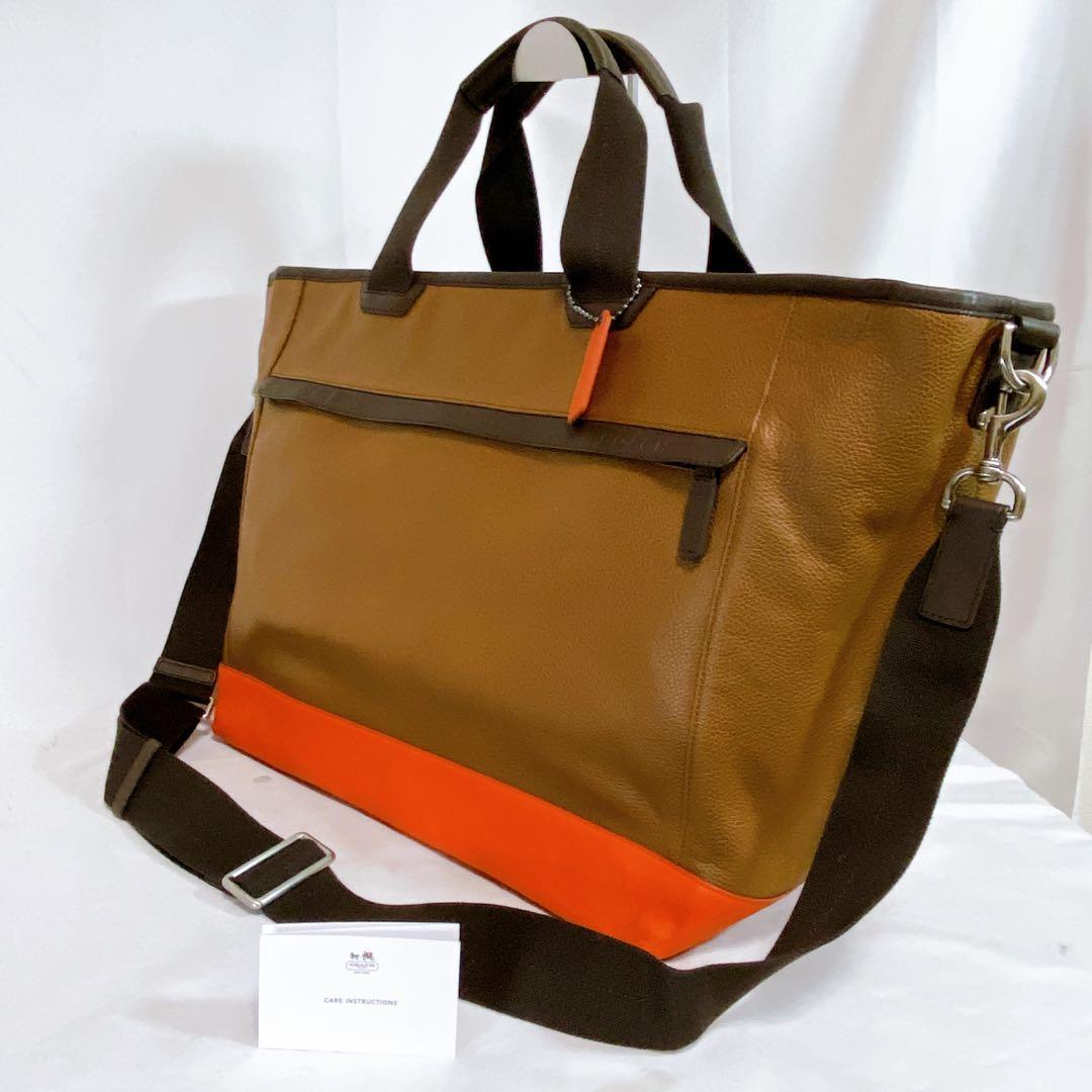 美品　COACH　2WAYトートバッグ　本革　オレンジ　ブラウン　タグ付未使用品