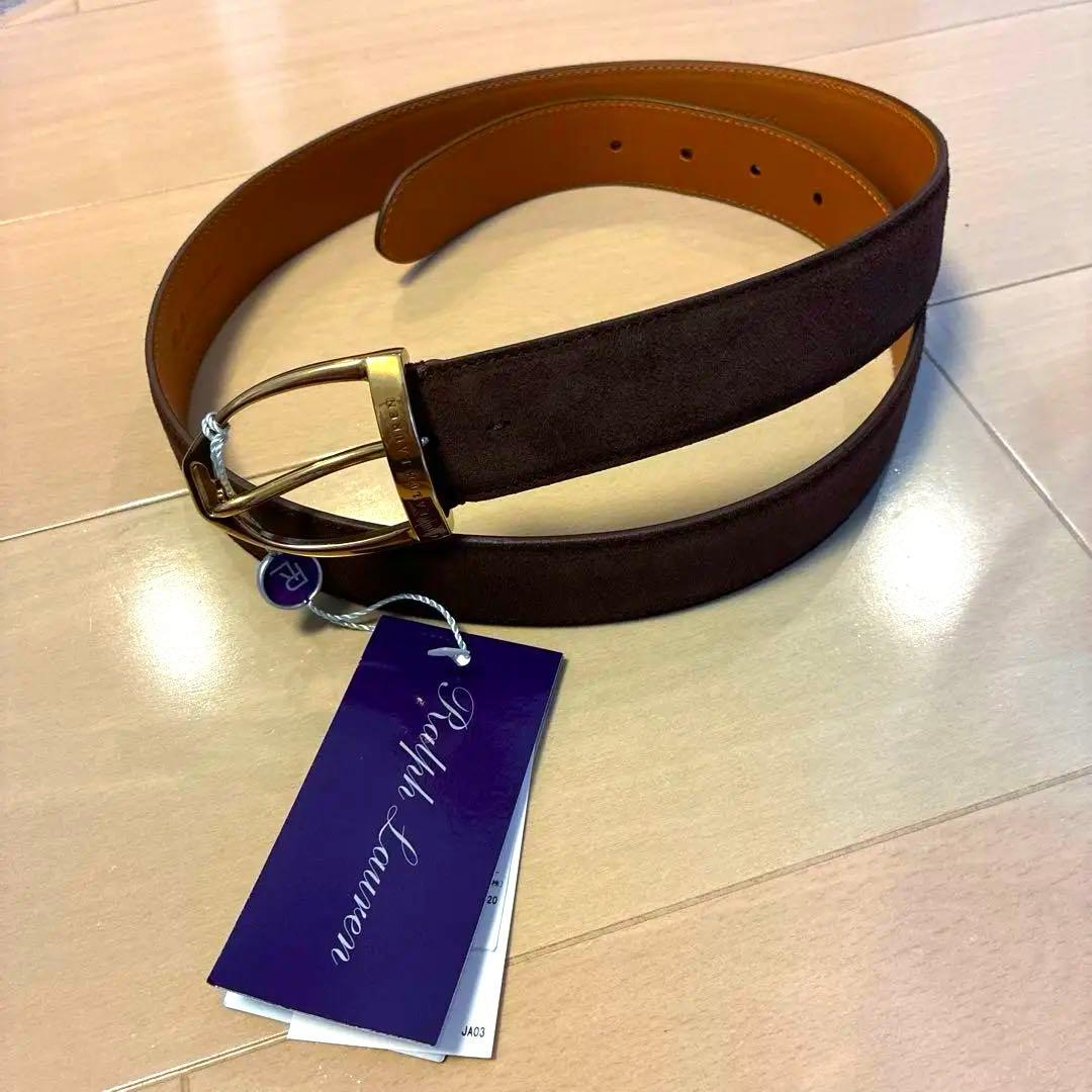ラルフローレン パープルレーベル新品ブラウンレザーベルトかゴールドカラー金具