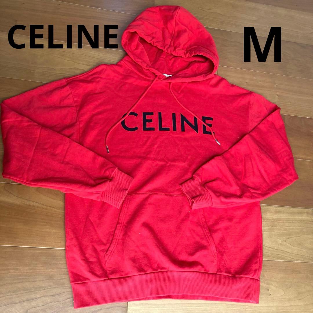 【美品】CELINE 赤　パーカー M フード付　スウェット　ロゴ　正規品