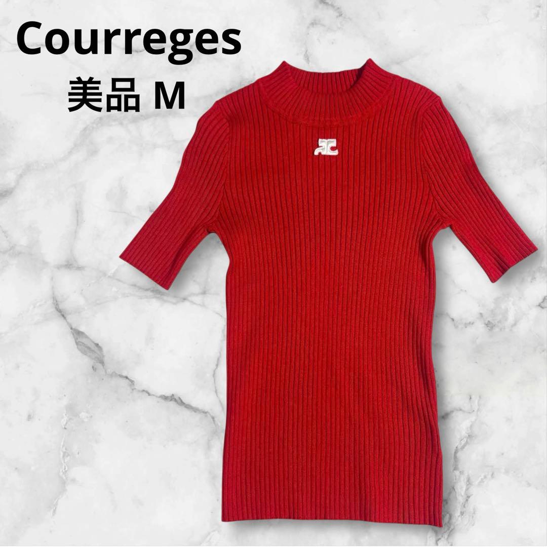 【美品】Courregesクレージュ ロゴ付き半袖リブニット 赤Mブルガリア製