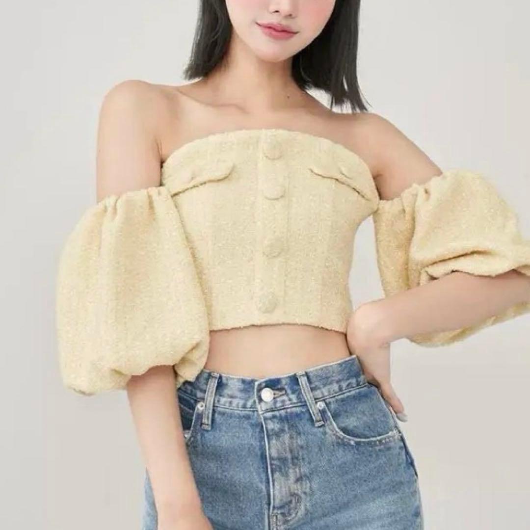 darich ホルターネックオフショルツイードトップス　イエロー ダーリッチ Darich ホルターネックオフショルツイードトップス