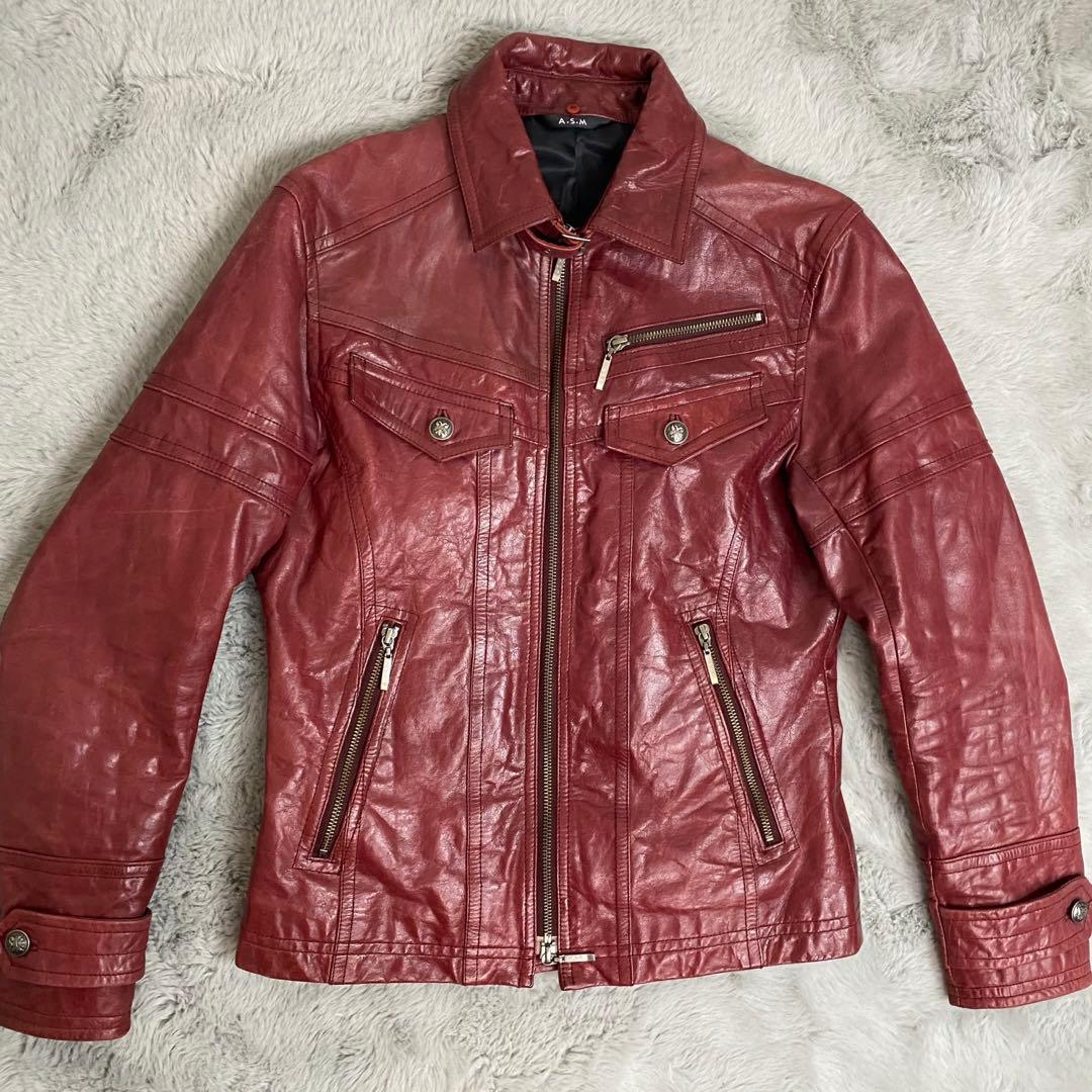 A.S.M レザージャケット 48 水牛革 赤 シングルライダース　Y2K