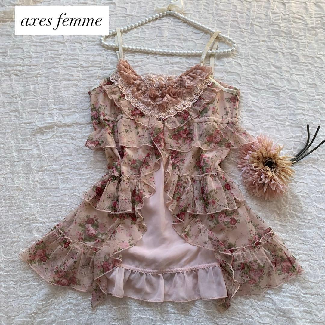 アクシーズファム　花柄キャミソール　フリル　レース　M アクシーズファム ブーケ レース キャミ チュニック 花柄 ワンピース